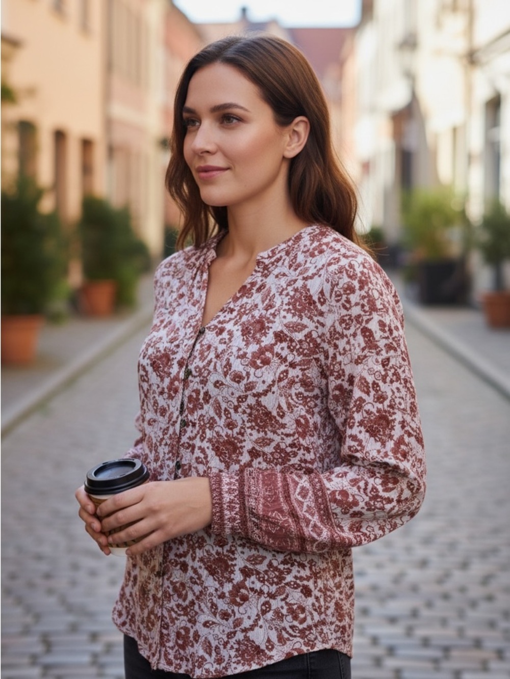 Mason & Belle Womens Button-Front Floral Tunic Top in Rust
